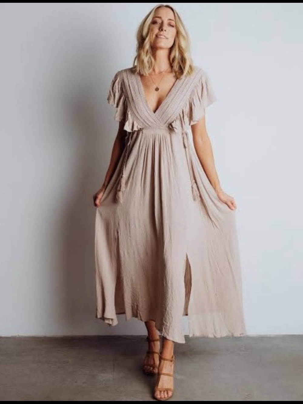 Baltic Born Jennifer Deep V Maxi Dress Sand Small Boho Tie Waist Slit Wedding